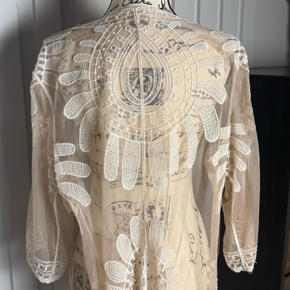 Boho Lace Duster Kimono Rebellious One Ivory Sheer Festival Medium - Picture 5 of 9